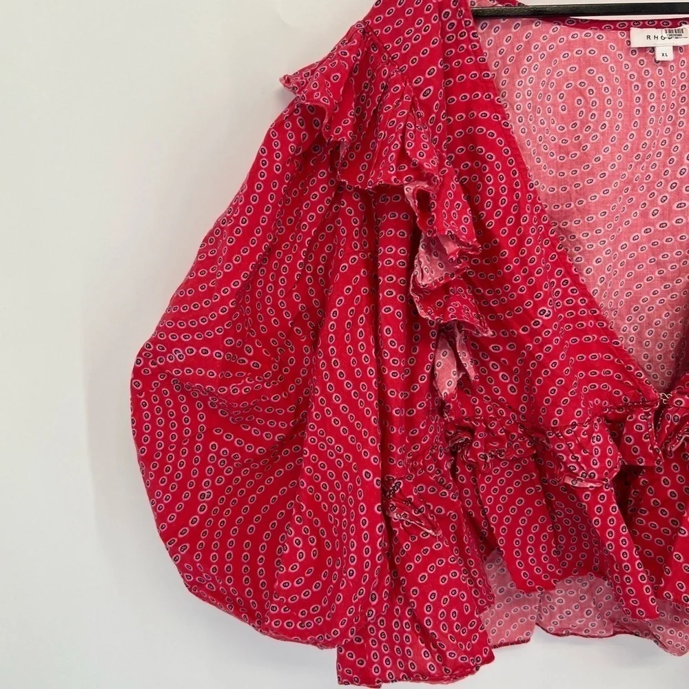 Rhode Voluminous Puff Sleeve Ruffled Retro Print Elodie Top In Red Trail - Picture 4 of 8